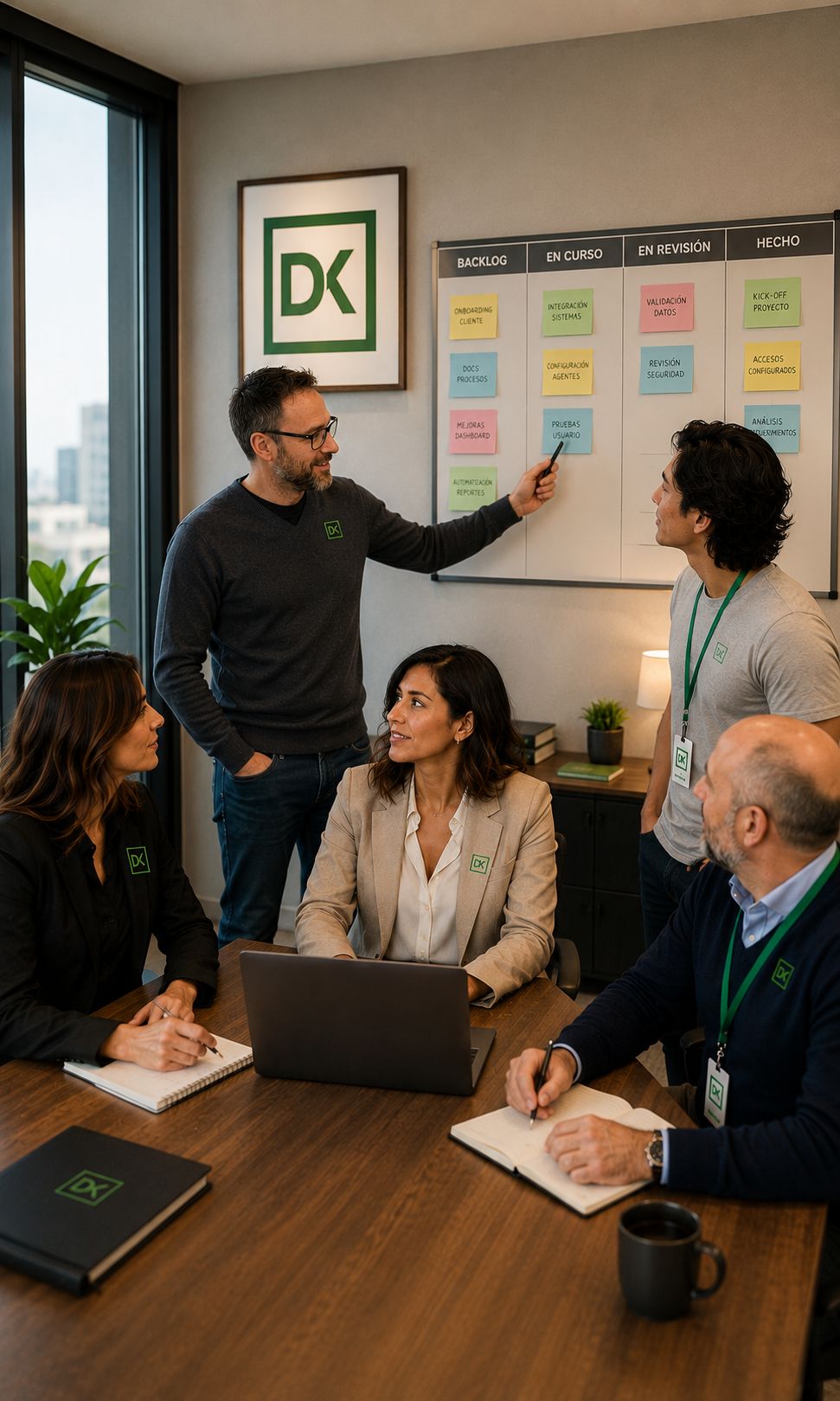 Equipo de DKtec trabajando junto a sus agentes de IA alrededor de un tablero Kanban